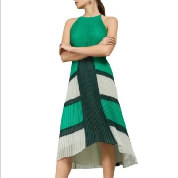 TED BAKER Nellina Pleated Midi Dip Asymmetrical Hem Green Color Block Dress $395 - Picture 3 of 17